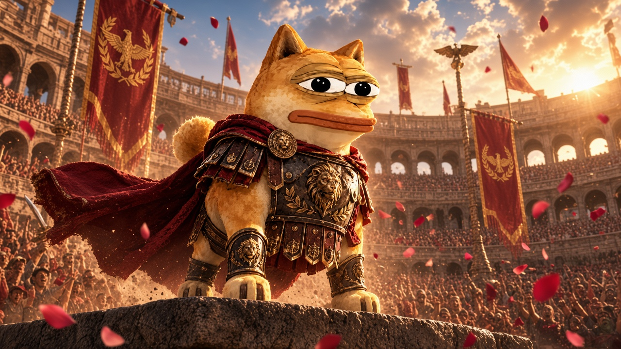 Dopeus Maximus stands on the Colosseum wall in lion armor at sunset.